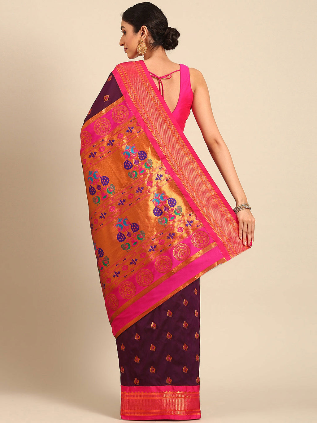 Maharani paithani saree silk blend in wine and pink with big peacock meena butti - back view showing pallu and border for party wear