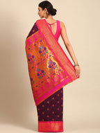 Maharani paithani saree silk blend in wine and pink with big peacock meena butti - back view showing pallu and border for party wear