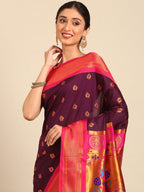 Maharani paithani saree silk blend in wine and pink with big peacock meena butti - closeup view showing fabric and zari work for party wear