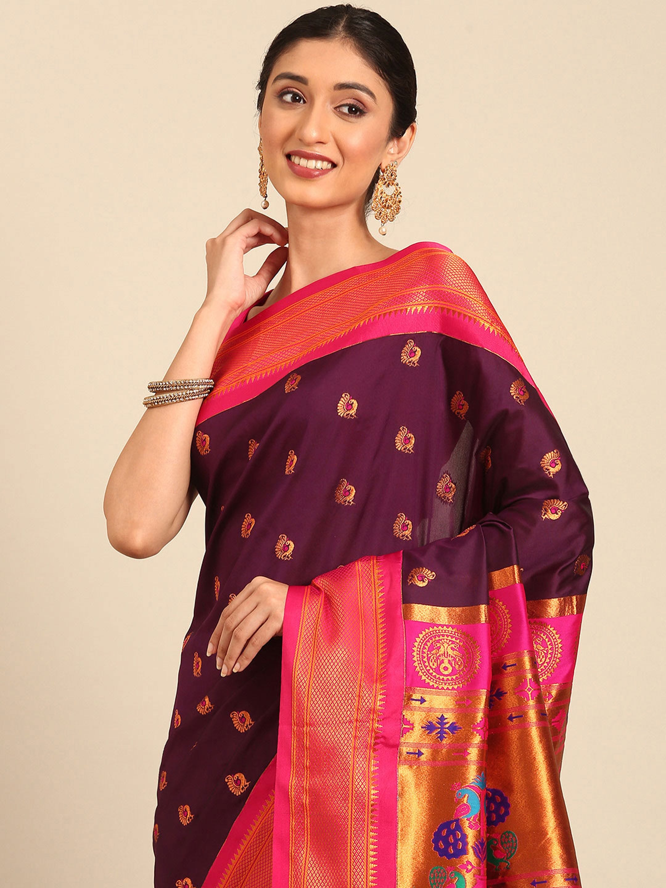 Maharani paithani saree silk blend in wine and pink with big peacock meena butti - closeup view showing fabric and zari work for party wear