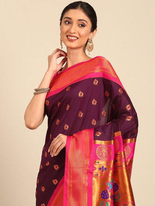 Maharani paithani saree soft silk in wine and pink with big peacock meena butti - closeup view showing fabric and zari work for party wear