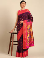 Maharani paithani saree silk blend in wine and pink with big peacock meena butti - styled model view for party wear