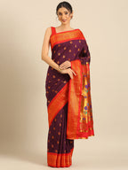 Maharani paithani saree silk blend in wine red with big peacock meena butti - front view for party wear