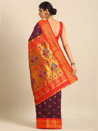 Maharani paithani saree silk blend in wine red with big peacock meena butti - back view showing pallu and border for party wear