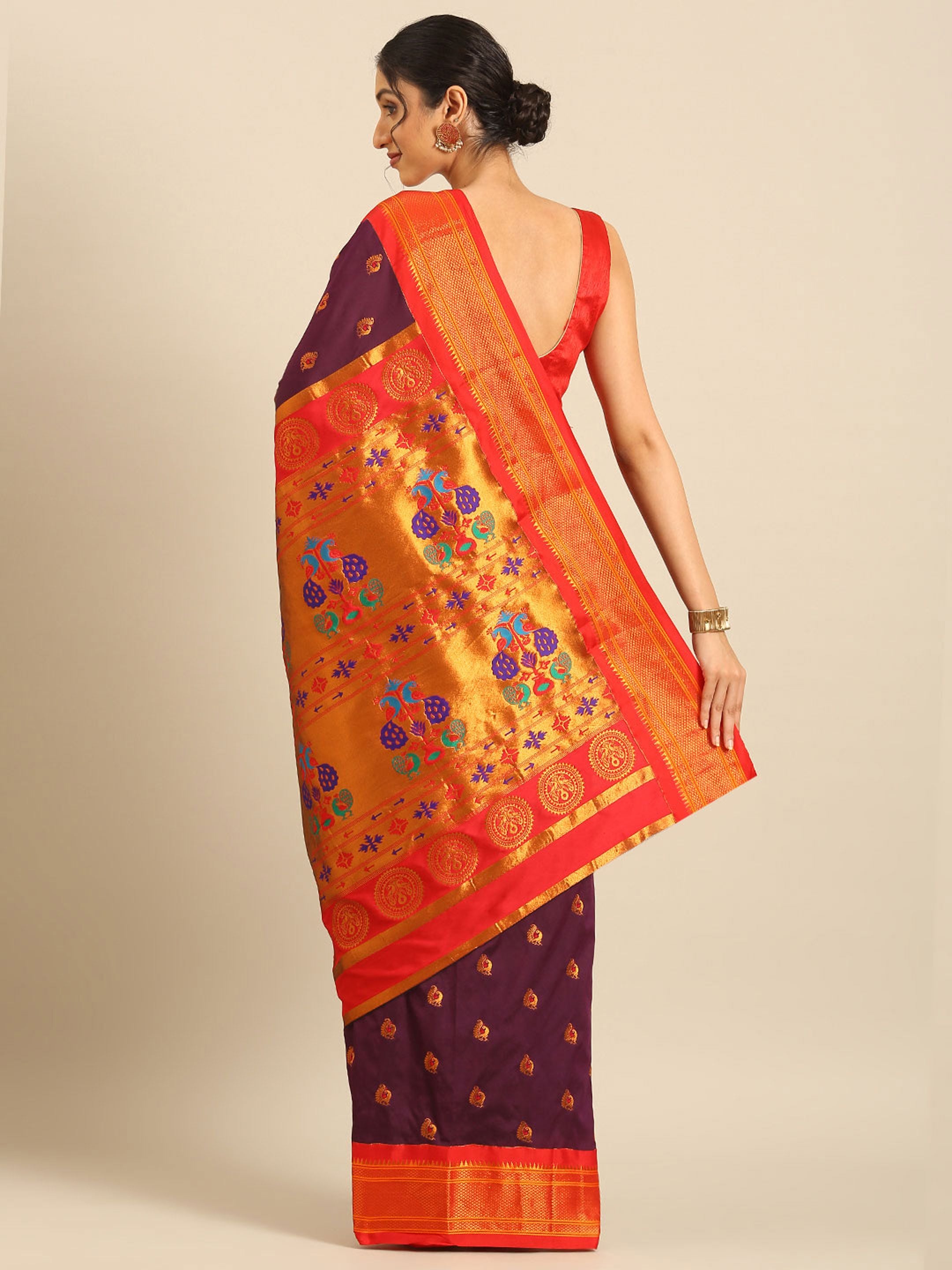 Maharani paithani saree silk blend in wine red with big peacock meena butti - back view showing pallu and border for party wear