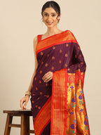 Maharani paithani saree silk blend in wine red with big peacock meena butti - closeup view showing fabric and zari work for party wear