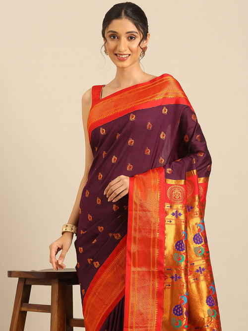 Maharani paithani saree soft silk in wine red with big peacock meena butti - closeup view showing fabric and zari work for party wear