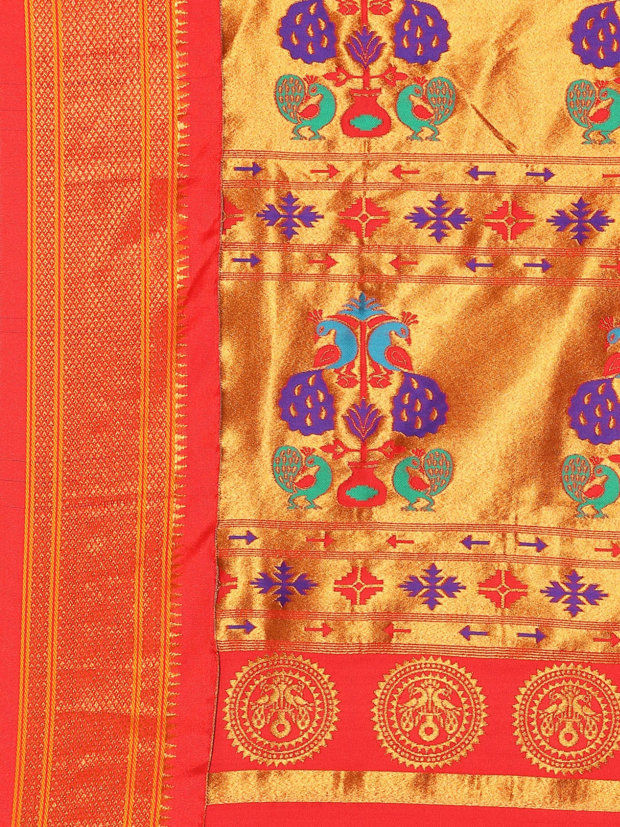 Maharani paithani saree silk blend in wine red with big peacock meena butti - pallu detail showing woven motif design for party wear