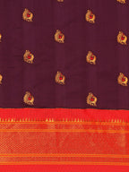 Maharani paithani saree silk blend in wine red with big peacock meena butti - body fabric detail showing motif design for party wear