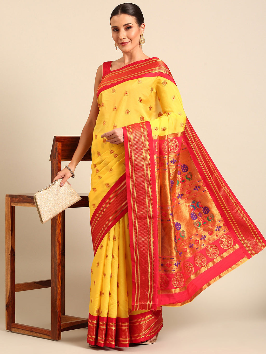 Maharani paithani saree silk blend in yellow and red with big peacock meena butti - front view for party wear