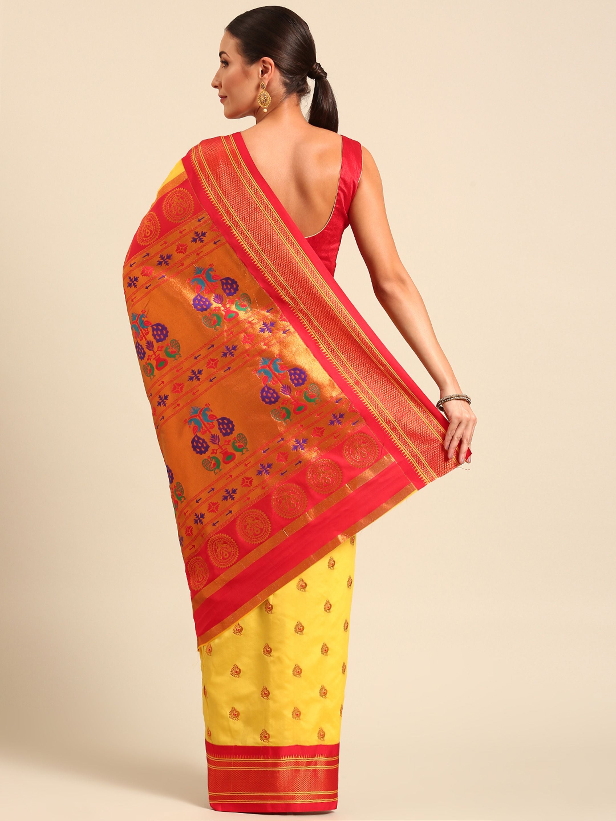 Maharani paithani saree silk blend in yellow and red with big peacock meena butti - back view showing pallu and border for party wear