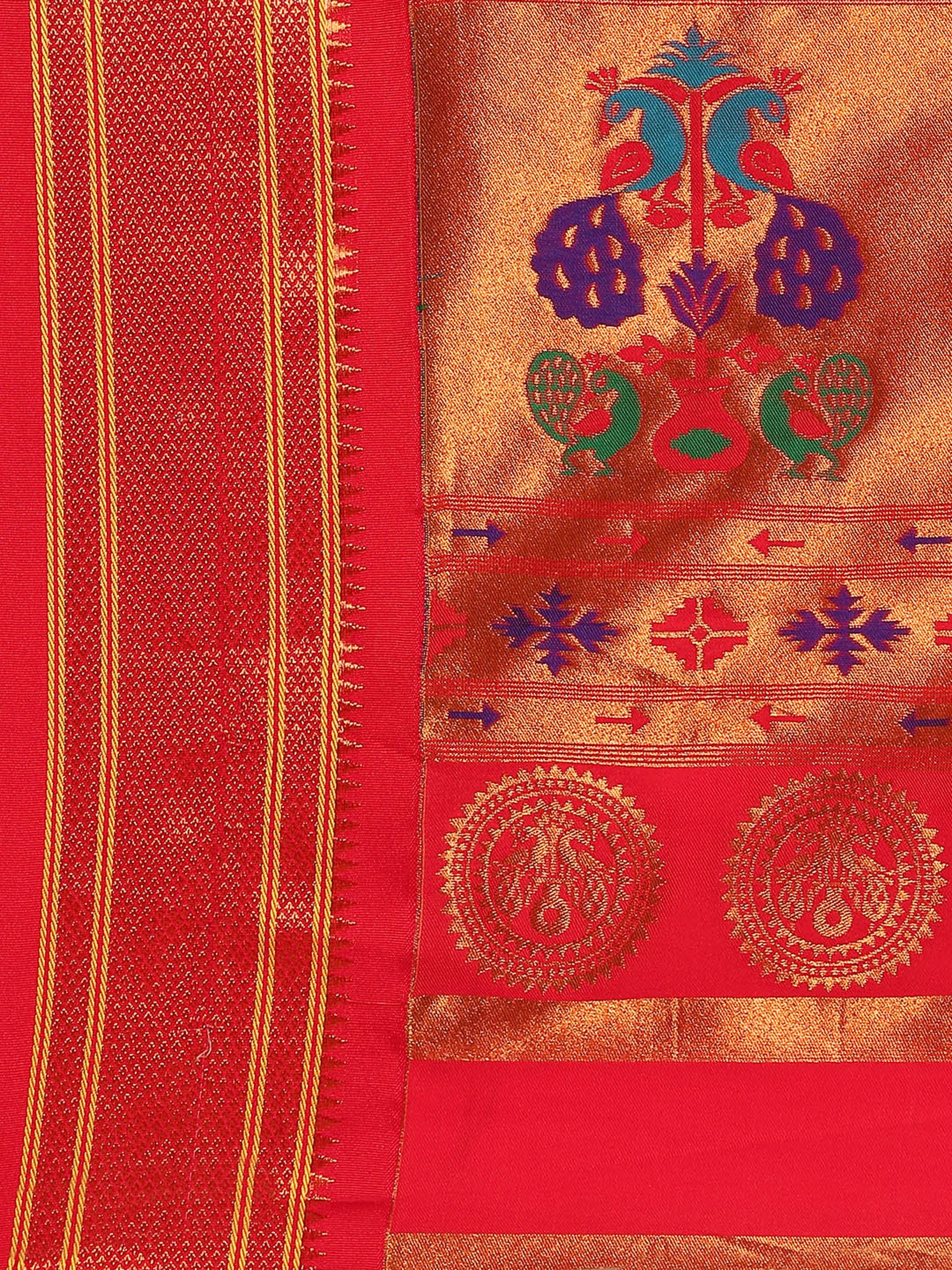 Maharani paithani saree silk blend in yellow and red with big peacock meena butti - pallu detail showing woven motif design for party wear