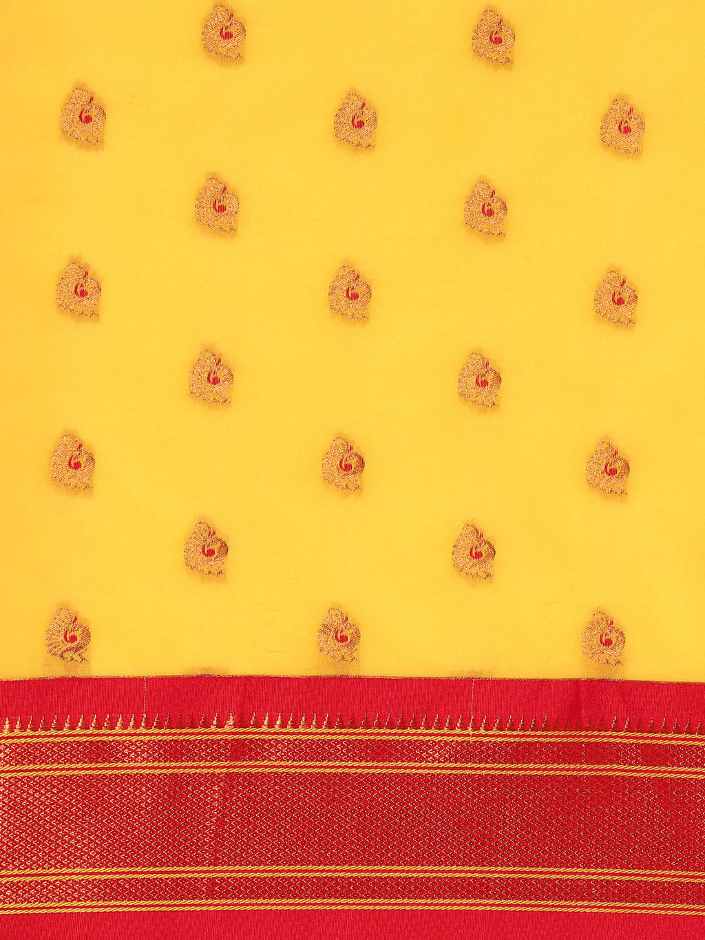 Maharani paithani saree silk blend in yellow and red with big peacock meena butti - body fabric detail showing motif design for party wear