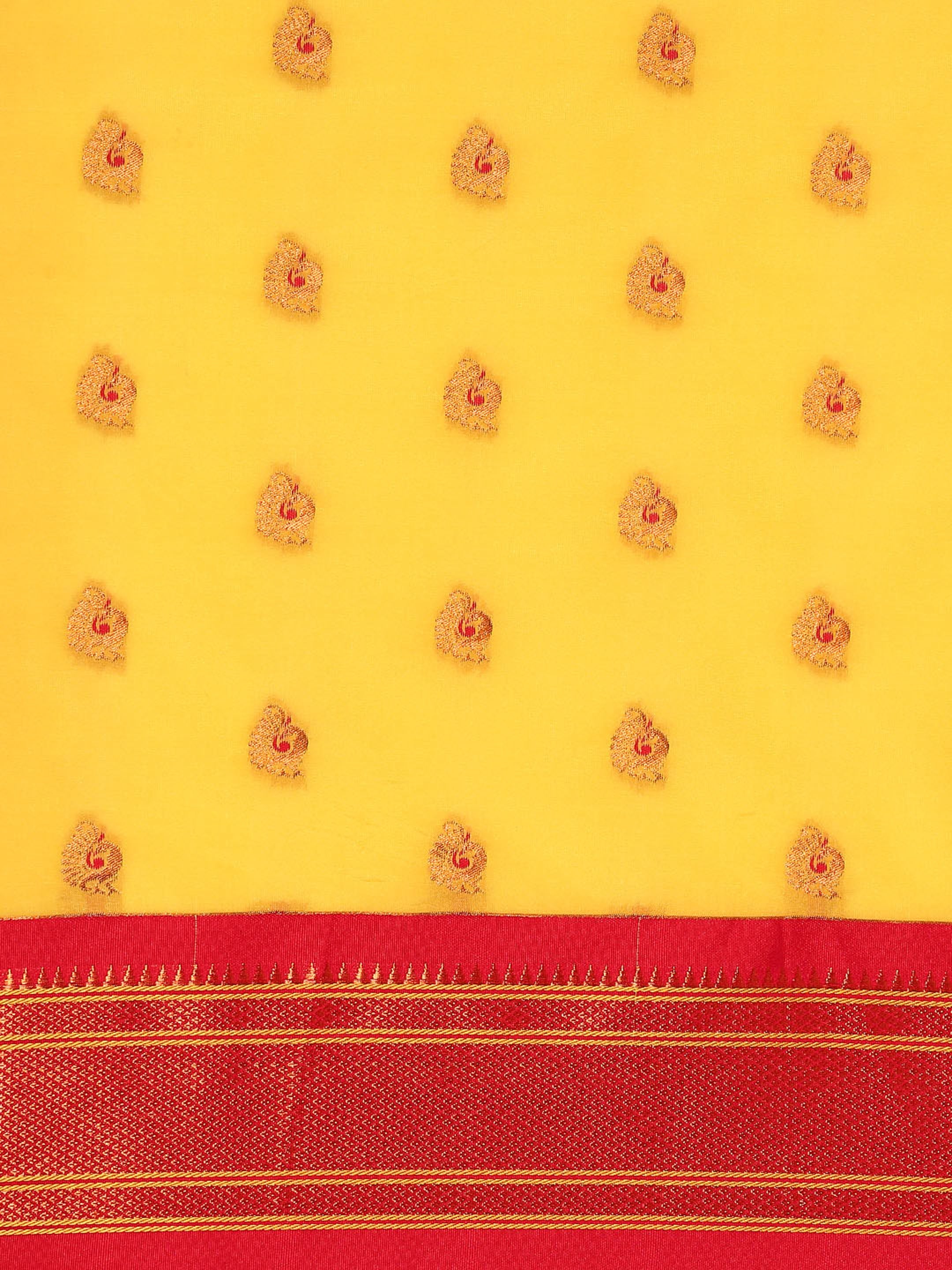 Maharani paithani saree silk blend in yellow and red with big peacock meena butti - body fabric detail showing motif design for party wear