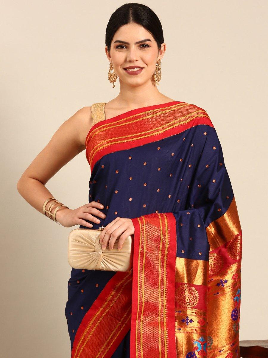            Neha Navy Blue & Red Soft Silk Maharani Paithani Saree     Varkala Silk Sarees