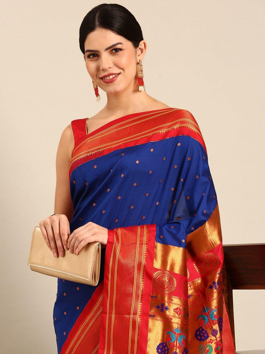            Neha Royal Blue & Red Soft Silk Maharani Paithani Saree     Varkala Silk Sarees