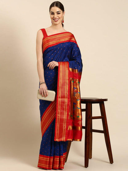            Rashmika Indigo Blue & Red Soft Silk Double Pallu Paithani Saree     Varkala Silk Sarees