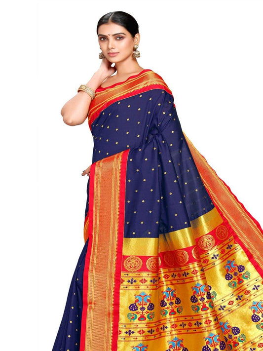            Shridevi Navy Blue: Paithani Soft Silk Kadiyal Maharani Pallu Saree     Varkala Silk Sarees