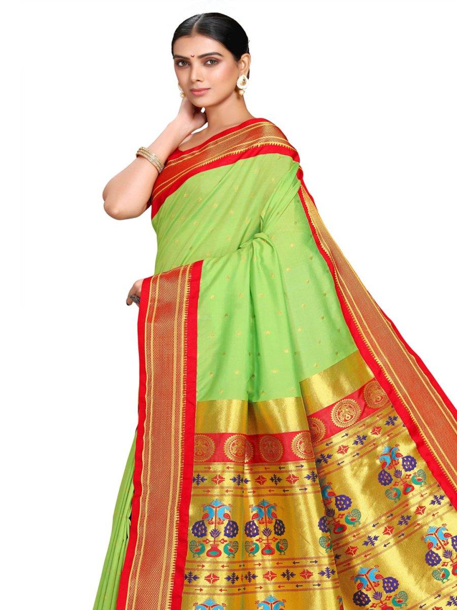            Shridevi Parrot Green: Paithani Soft Silk Kadiyal Maharani Pallu Saree     Varkala Silk Sarees